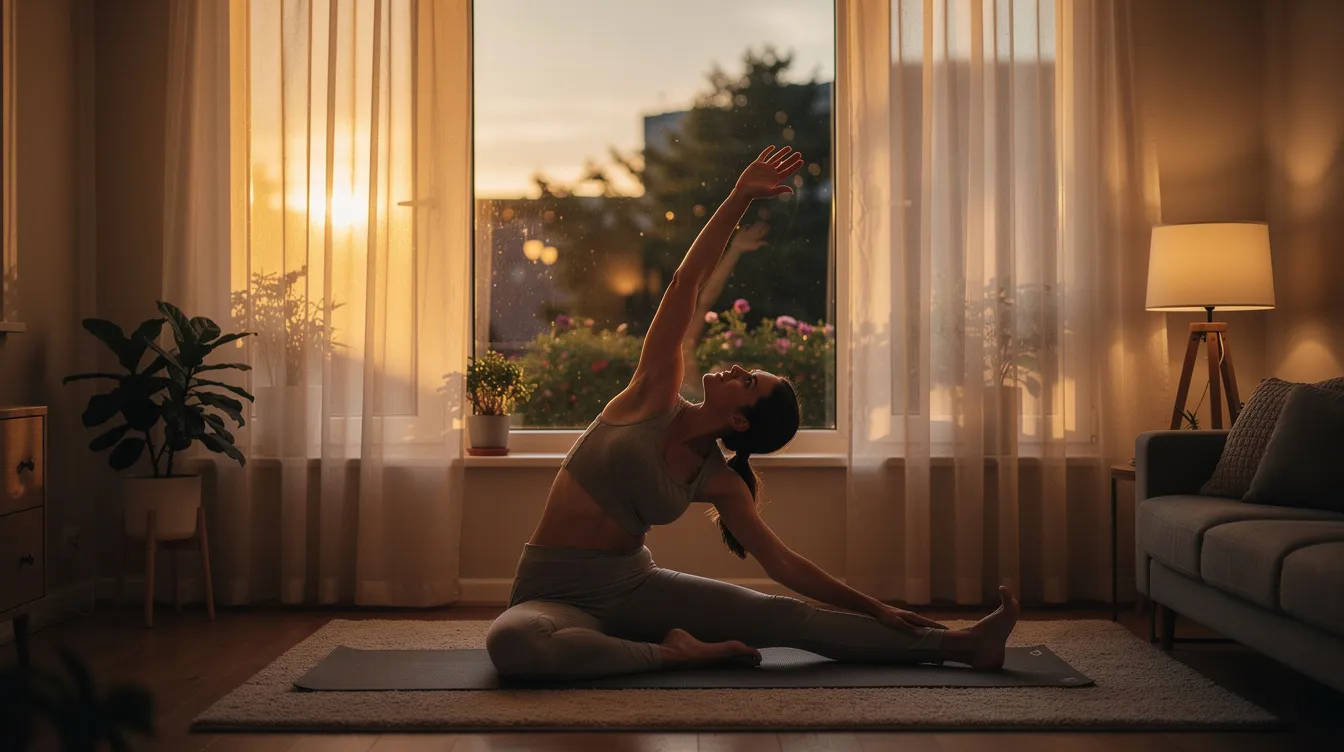 A person is performing gentle yoga stretches in the evening light near a window, creating a calming atmosphere that may help improve sleep quality and alleviate sleep problems often associated with hormonal changes during perimenopause. The soft lighting enhances the serene environment, promoting relaxation and mindfulness.