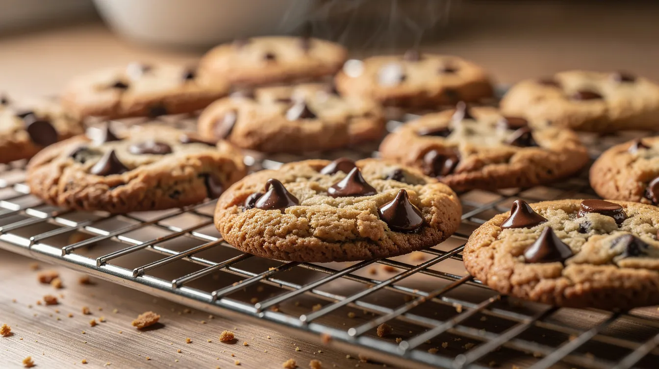 Freshly baked golden brown chocolate chip cookies are cooling on a wire rack, showcasing their perfectly melted chocolate chips and inviting aroma. These delicious treats could be part of a cannabis cookie recipe, ideal for those looking to create infused edibles.
