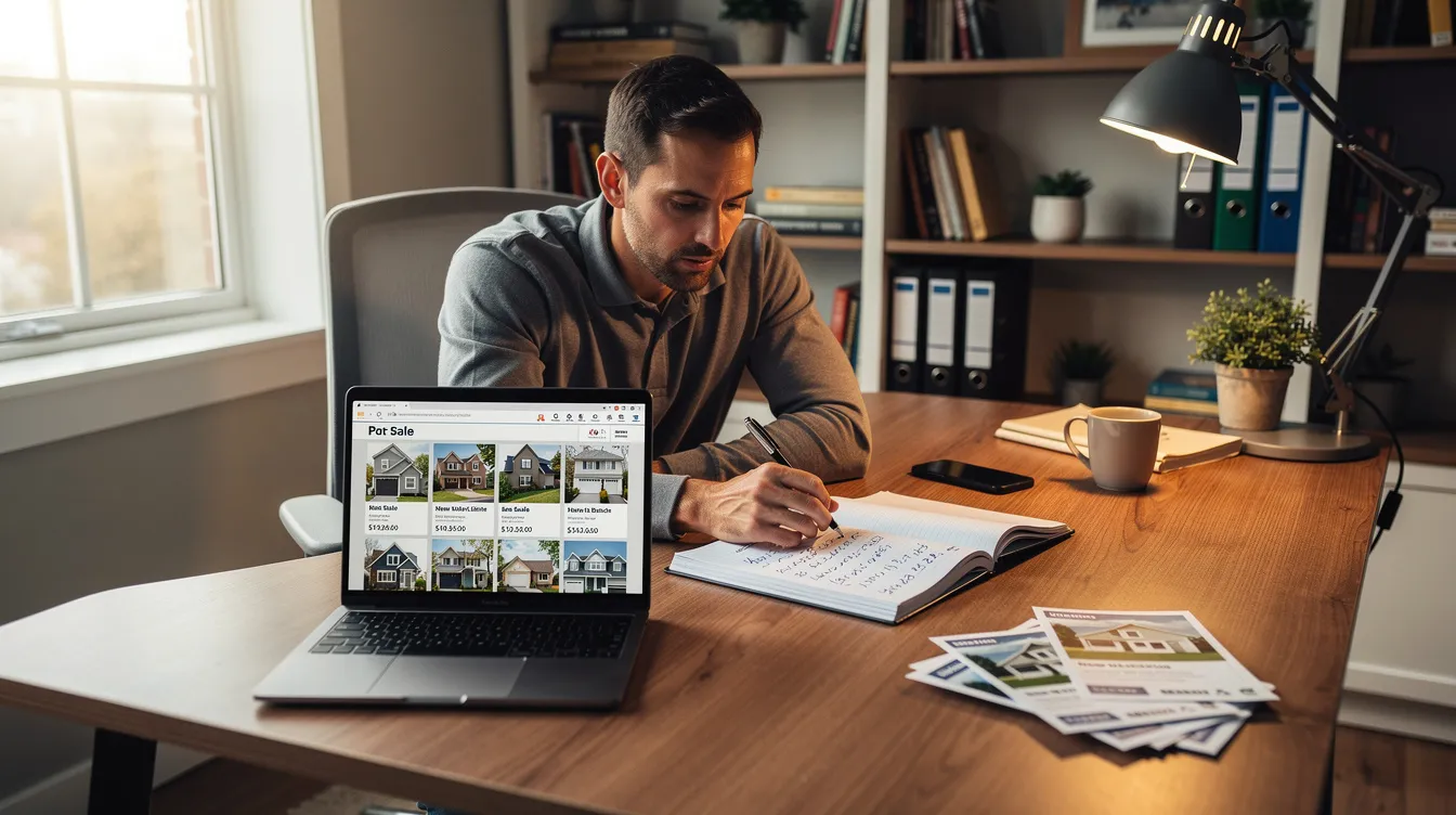 The image depicts a real estate investor intently reviewing property listings on a laptop in a well-organized home office. The setting reflects a professional atmosphere, emphasizing the investor's focus on potential investment properties and the financial aspects such as down payments and monthly payments involved in acquiring rental properties.