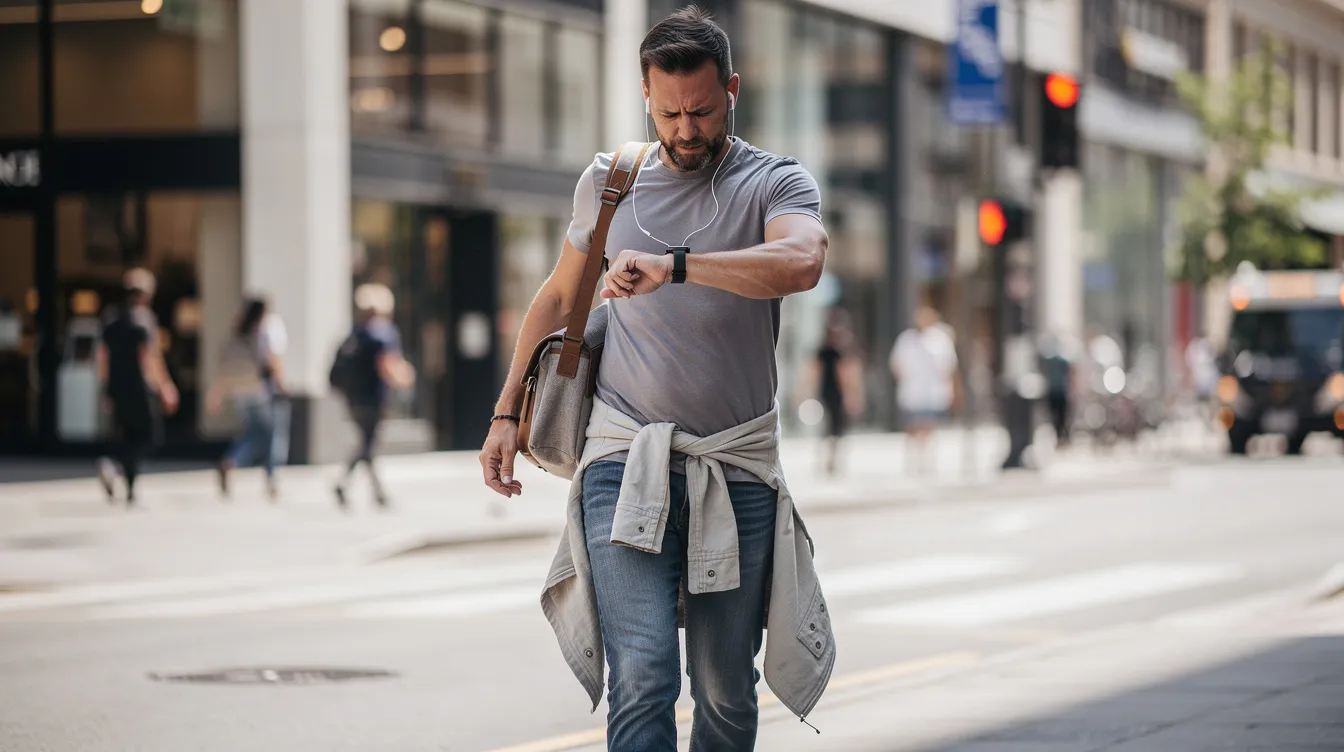 A man in casual clothing checks his watch while engaging in daily activities, symbolizing the time commitment involved in wearing a penis extender for penis enlargement. The image highlights the balance between everyday life and the gradual process of increasing length and girth with such devices.
