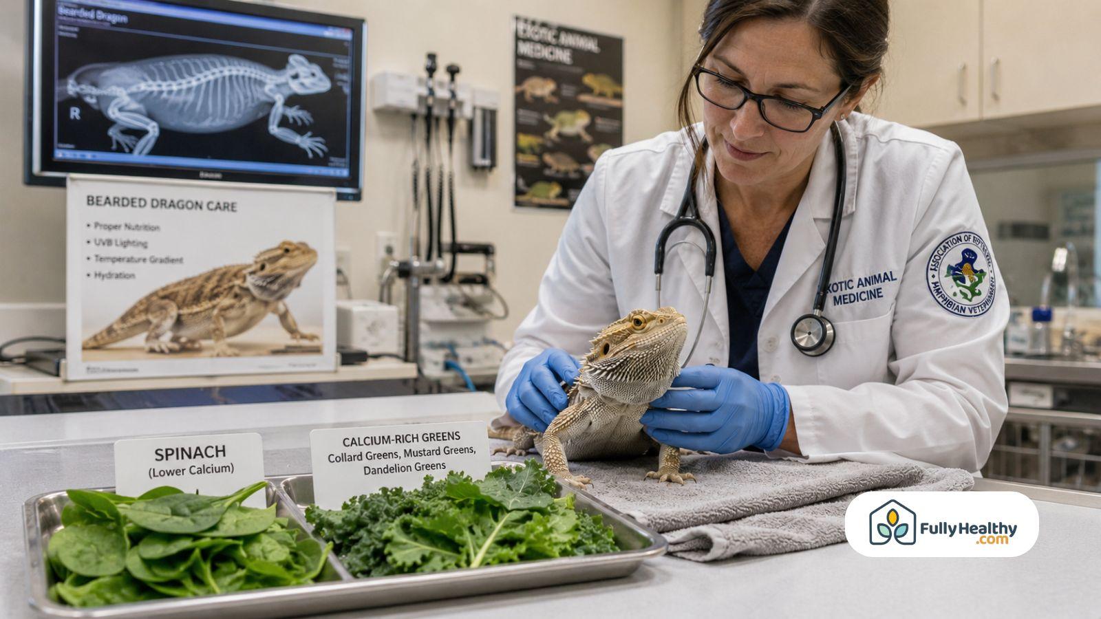 Veterinarian examining bearded dragon beside spinach and calcium-rich greens