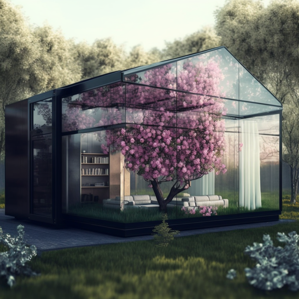 Plants reduce stress, improve attention and learning. Blooming cherry growing inside prefab house.