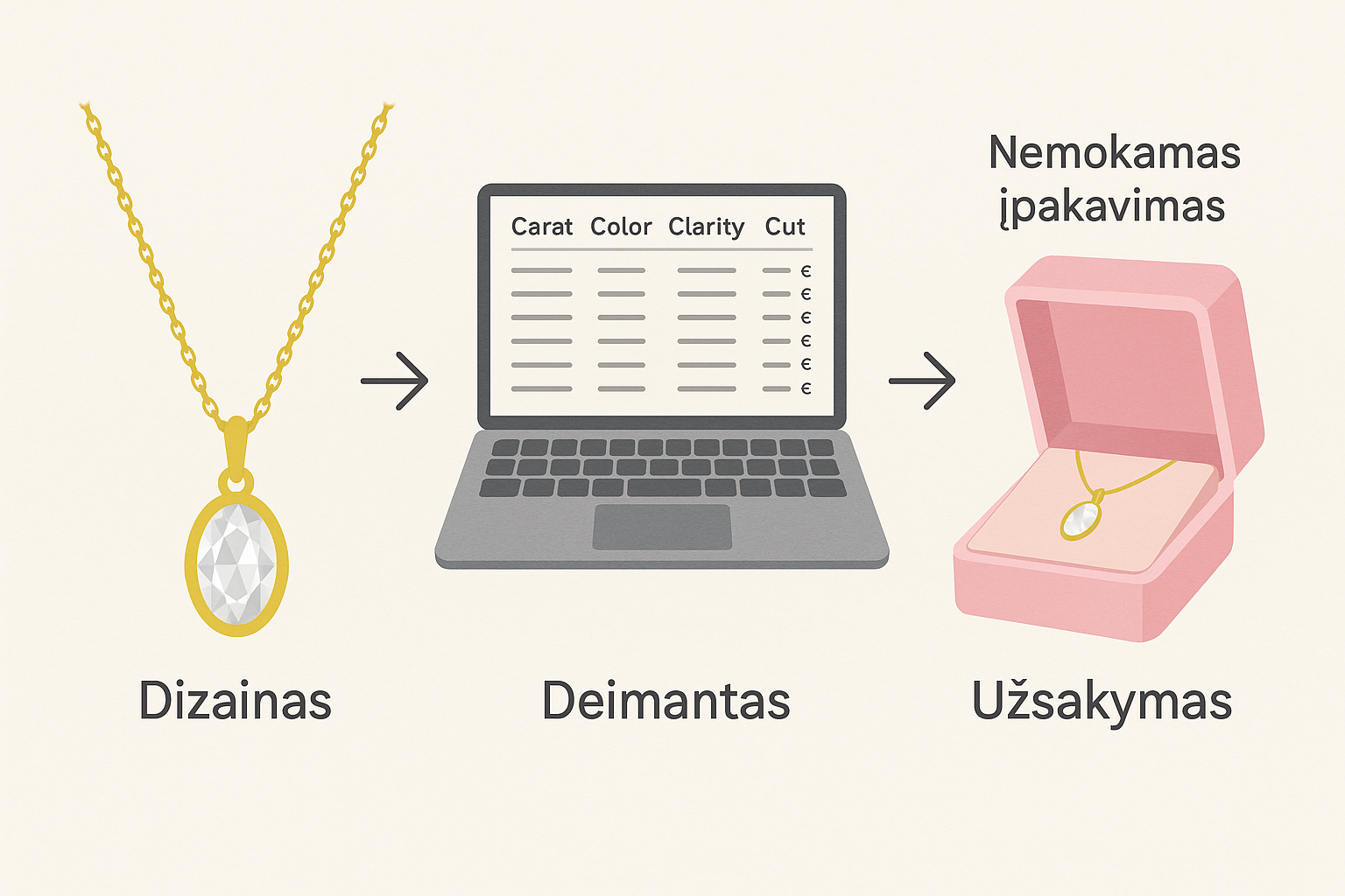 Trys žingsniai ovalo formos geltono aukso pakabuko dizainas → deimanto pasirinkimas iš online biržos → užsakymas.