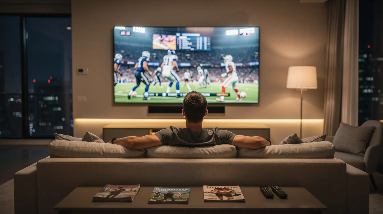 A person is sitting comfortably in a modern living room, intently watching a live sports broadcast on a large flat-screen TV, which showcases vibrant colors and high-definition quality. The scene highlights the enjoyment of live TV channels, perfect for sports fans utilizing a reliable IPTV service for an outstanding streaming experience.