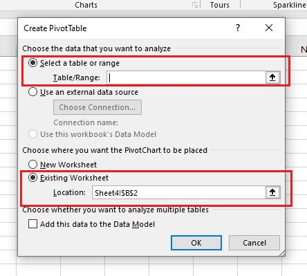 In the dialog box select a table range and a sheet where you want to put your Pivot Chart.