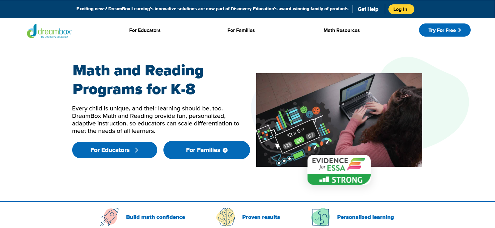 DreamBox adaptive learning platform providing personalized math and reading instruction for K–8 students through AI-powered learning experiences