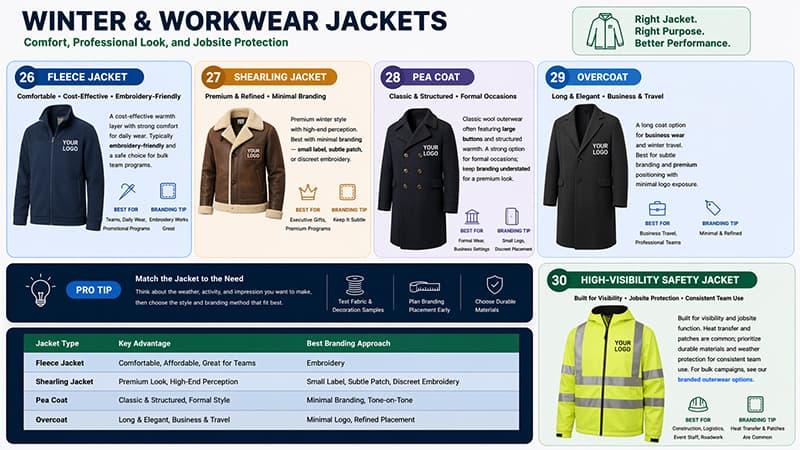 Jacket types grid showing denim, bomber, softshell, rain jacket, waterproof shell, puffer, parka, fleece, trench, pea coat, chore coat, and field jacket.