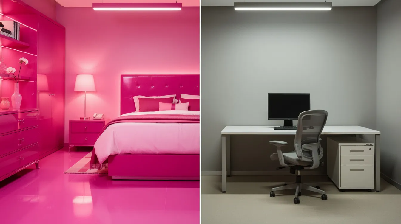 Das Bild zeigt links ein kräftig pinkes Zimmer mit glänzenden Oberflächen und leuchtenden Farben, das an die bunte Welt von Barbie erinnert, während rechts ein grau-beiges Büro mit nüchternen Möbeln und Neonlicht zu sehen ist, das den Kontrast zur lebhaften Barbiewelt verdeutlicht. Diese Darstellung könnte als Kritik an Geschlechterrollen und Stereotypen in der Gesellschaft interpretiert werden, wie sie im Barbie-Film von Greta Gerwig thematisiert werden.