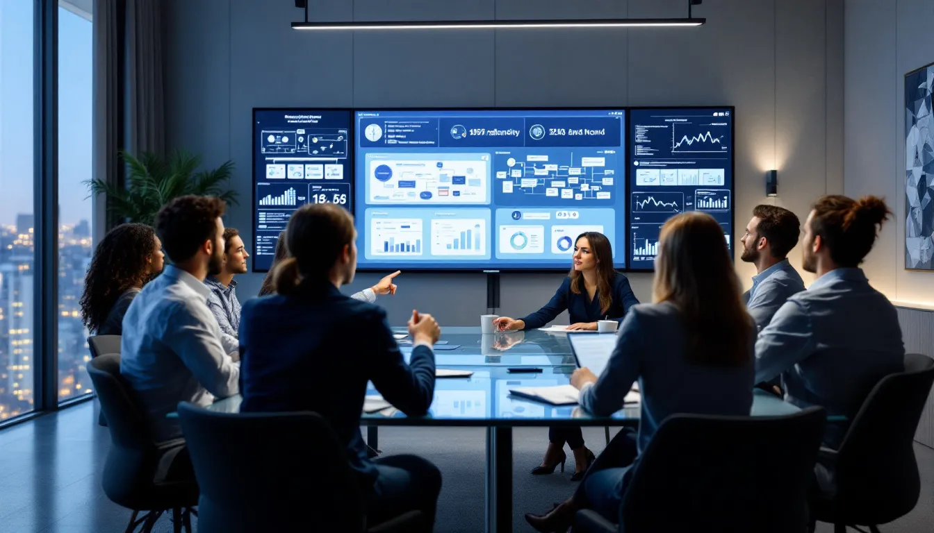 In the image, a group of professionals is engaged in a strategic planning session, surrounded by technology diagrams and charts that illustrate complex data integration and test data management concepts. The visuals include elements like data virtualization, compliant test data, and various testing environments, highlighting the critical aspects of managing sensitive information and ensuring data governance in large enterprises.