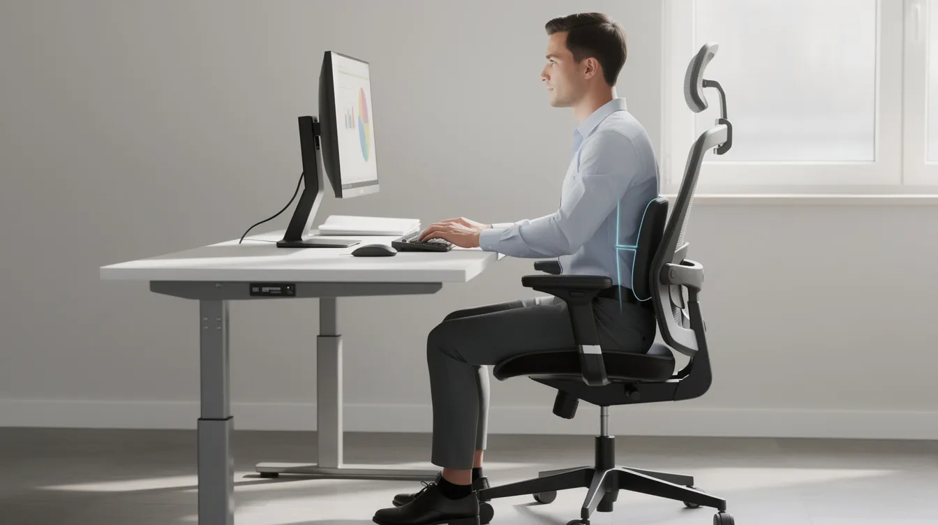 The image depicts a person sitting at an ergonomic desk, maintaining proper posture with a neutral spine alignment, feet flat on the floor, and the monitor positioned at eye level. This setup promotes overall well-being and reduces the risk of musculoskeletal disorders and discomfort during prolonged periods of computer work.