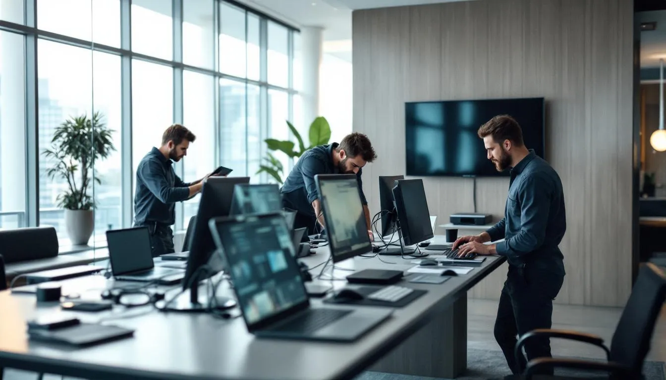 The image depicts a hotel technology setup in progress, featuring computers and various equipment being installed to streamline hotel operations. This crucial phase is part of the pre opening process, ensuring that all systems are in place for a successful grand opening.