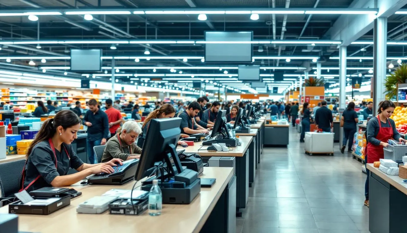 The image depicts a large retail store featuring multiple payment terminals and processing systems, illustrating various methods for customers to make credit card payments. These terminals facilitate credit card processing, enabling both in-person transactions and mobile payments, while ensuring a seamless experience for shoppers.