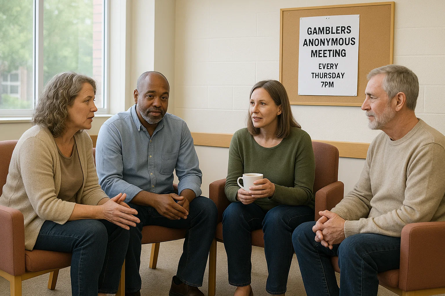 Group of people in a community hall with a flyer on the wall reading “Gamblers Anonymous Meeting – Every Thursday 7pm.”