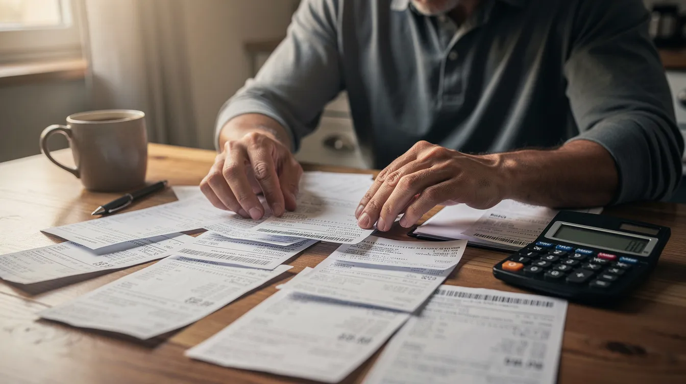 A person is sitting at a table, carefully organizing multiple bills and payment receipts, with a calculator placed nearby for calculations. This scene reflects the importance of managing finances, possibly related to personal loans or monthly repayment amounts.
