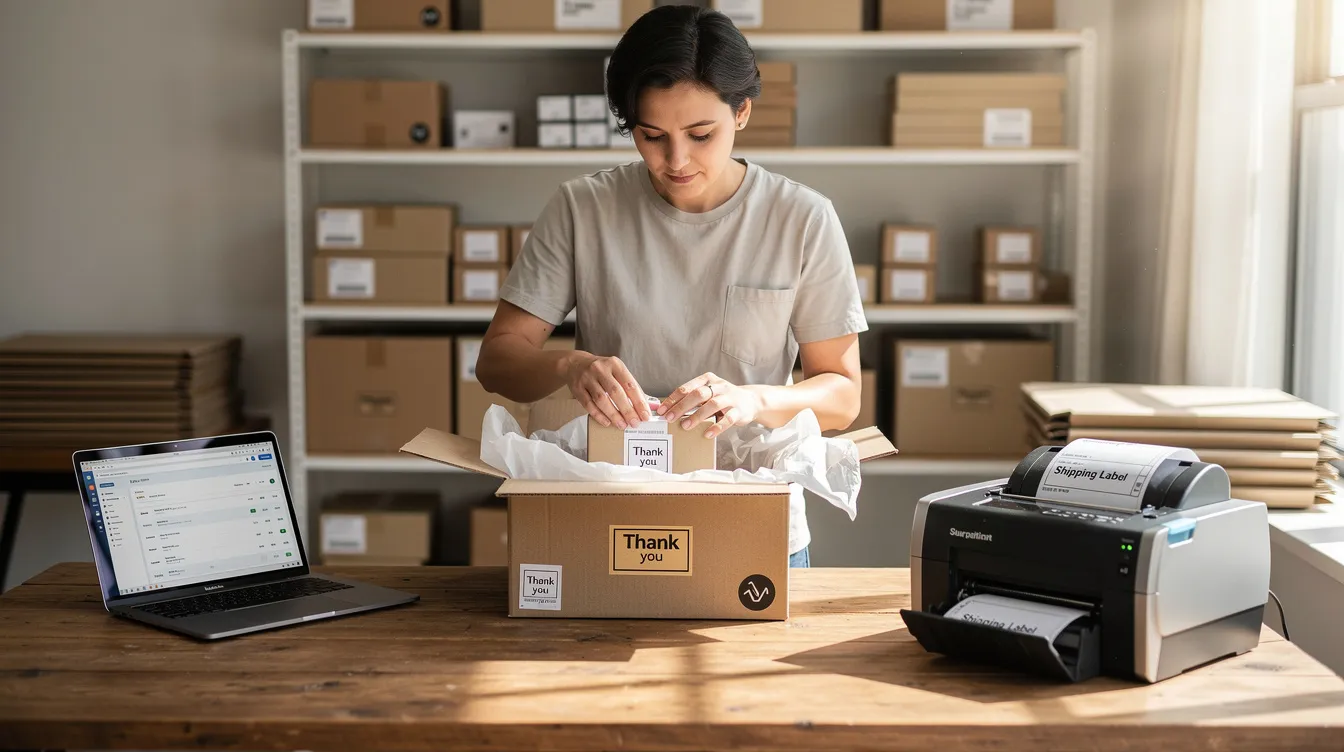 A small business owner is diligently packing products at a shipping station, preparing for fulfillment by Amazon (FBA) to ensure quick delivery to potential customers. This scene embodies the journey of independent sellers managing their inventory and handling logistics as they optimize their listings for success on their Amazon seller account.