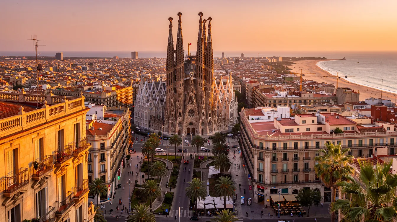 Imagem da cidade de Barcelona, na Espanha, com destaque para sua arquitetura única e vibrante vida urbana. A cena captura pessoas caminhando pelas ruas, cercadas por edifícios históricos e centros culturais, refletindo a rica herança cultural da cidade.