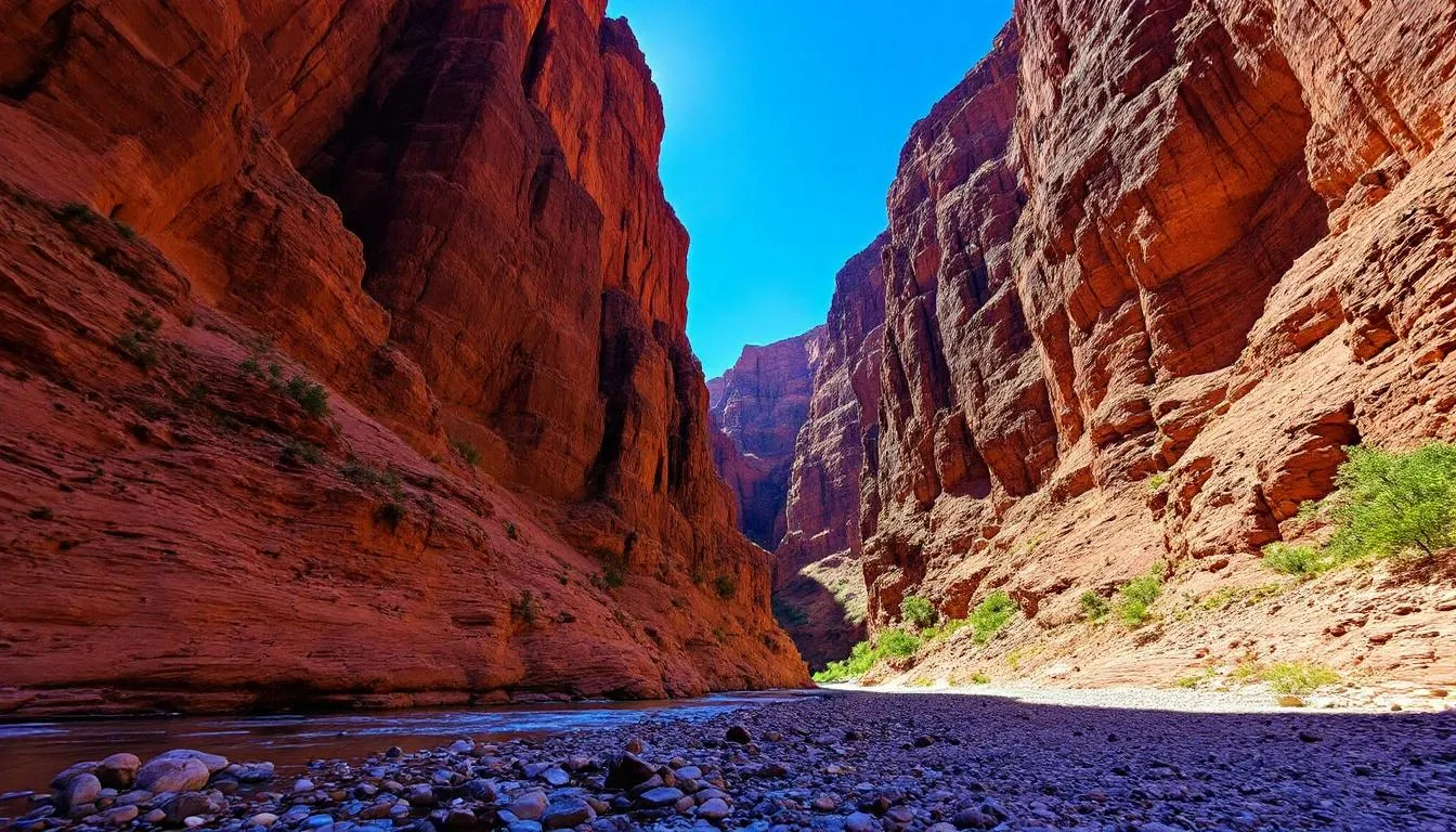 The image depicts the awe-inspiring canyon walls of Todra Gorge, towering dramatically above a rocky riverbed, showcasing the stunning natural wonder of southern Morocco. This breathtaking landscape is a highlight for those on a Sahara desert tour, offering spectacular views and an unforgettable experience in the Atlas Mountains.