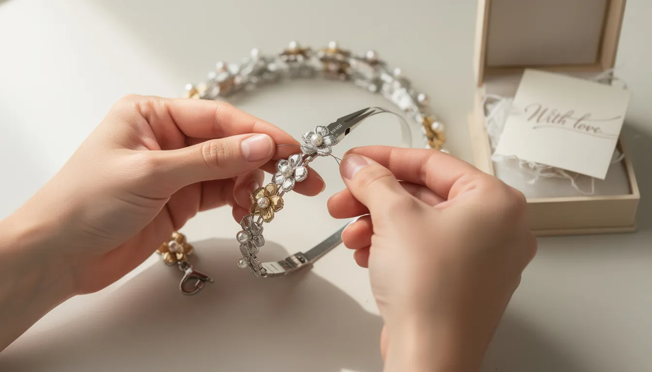 The image showcases a beautifully assembled floral bead bracelet, featuring vibrant beaded flowers and a polished finish. The craftsmanship highlights clean lines and secure clasps, making it an elegant accessory perfect for special occasions.