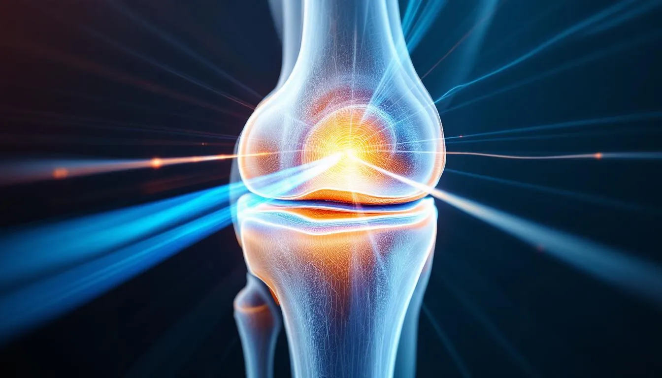 A close-up illustration shows light waves penetrating deep into the knee joint tissue layers, highlighting the powerful infrared light mechanism used in red light therapy for knee pain relief and reducing inflammation. This visual emphasizes the potential benefits of light therapy for joint recovery and chronic knee pain treatment.
