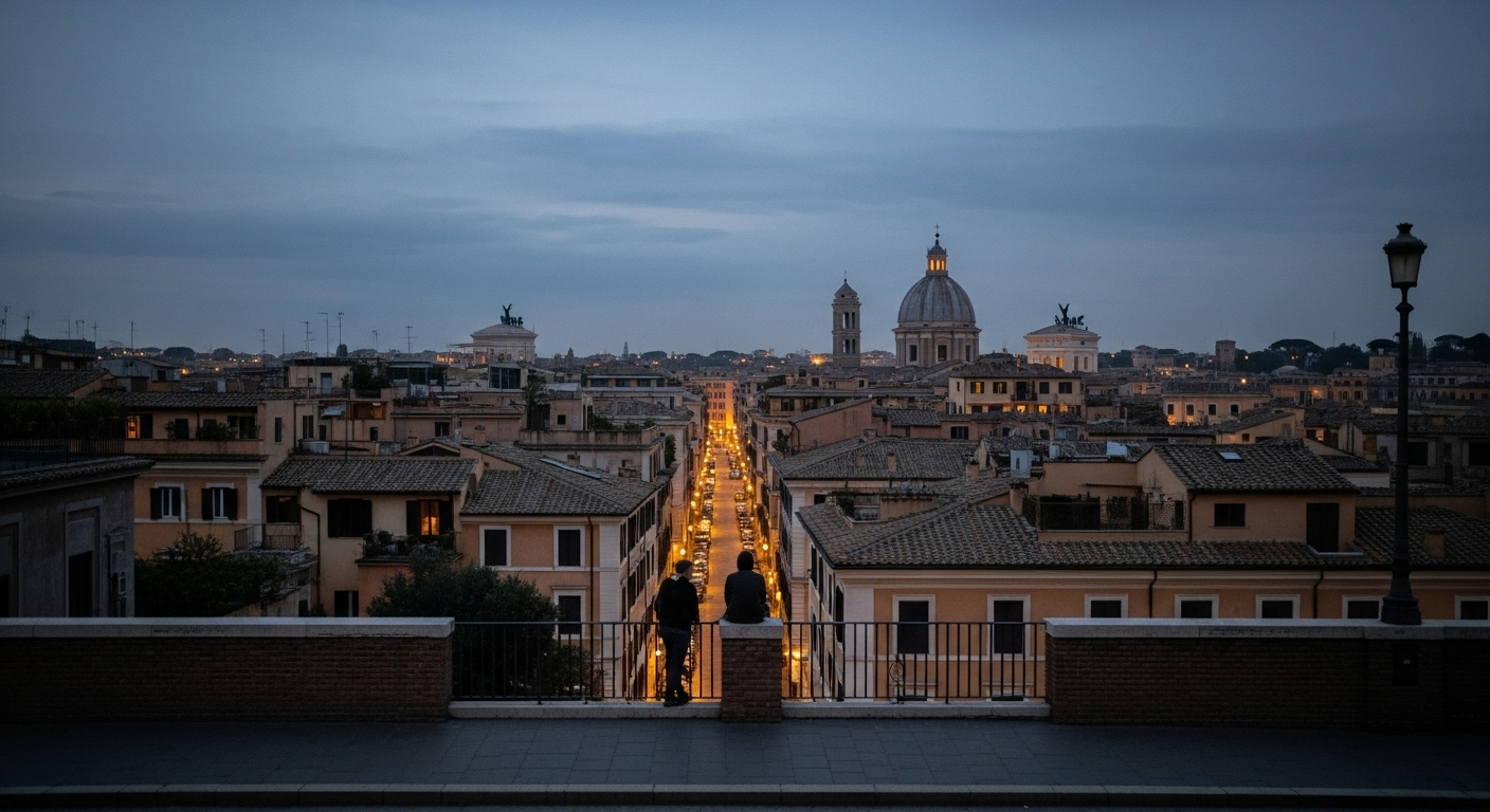 Evening view over Rome’s rooftops as city lights come on, capturing a calm and reflective moment that suggests the city’s lasting pull after a first visit.