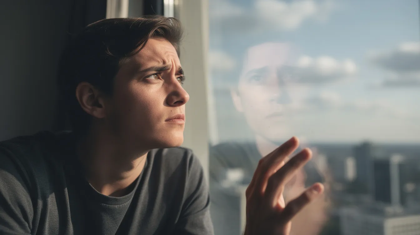 Na obrazie widzimy osobę patrzącą przez okno z zamyślonym wyrazem twarzy, co symbolizuje marzenia i hipotezy. Osoba ta zdaje się być pogrążona w myślach, co sugeruje głębokie refleksje na temat przeszłości i przyszłości.