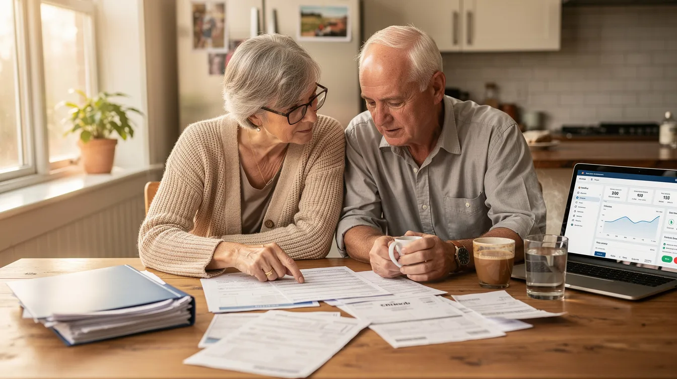 An elderly couple is seated at a kitchen table, attentively reviewing financial paperwork that includes details about their retirement assets and tax strategies. They appear focused on understanding the implications of ordinary income tax rates and the potential benefits of net unrealized appreciation (NUA) related to their employer stock.