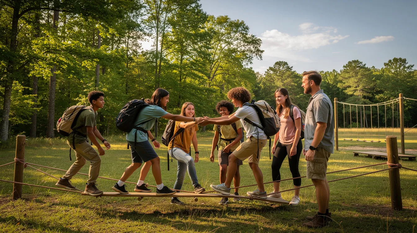 A group of teenagers is engaged in an outdoor adventure therapy activity, surrounded by lush trees and open space, promoting teamwork and emotional growth. This setting can be beneficial for addressing behavior disorders such as oppositional defiant disorder and conduct disorder, fostering positive interactions and coping strategies.