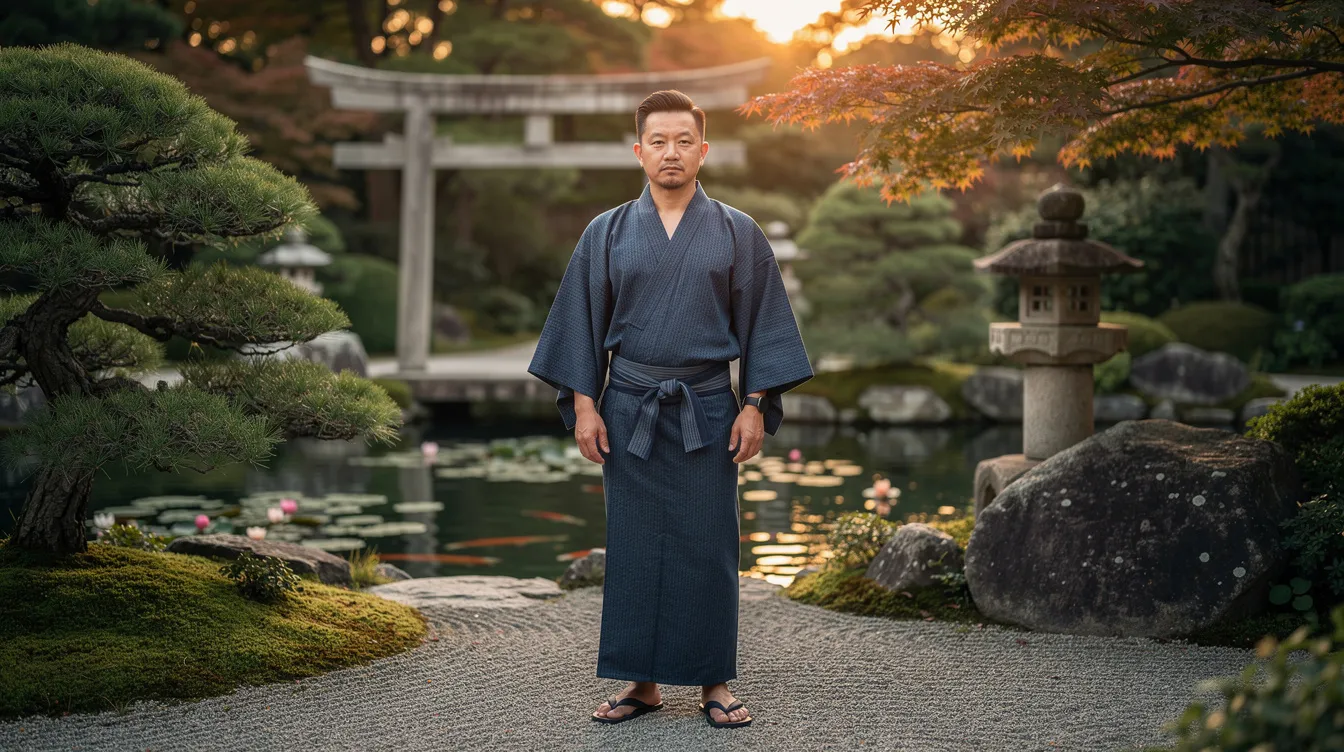 A man stands in a traditional Japanese garden, dressed in a dark blue yukata with a neatly tied obi belt at his waist, showcasing the elegant fabric and collar of his attire. His right hand rests at his side while his left hand holds the edge of the yukata, emphasizing the simple knot of the obi and the overall graceful appearance of the outfit.