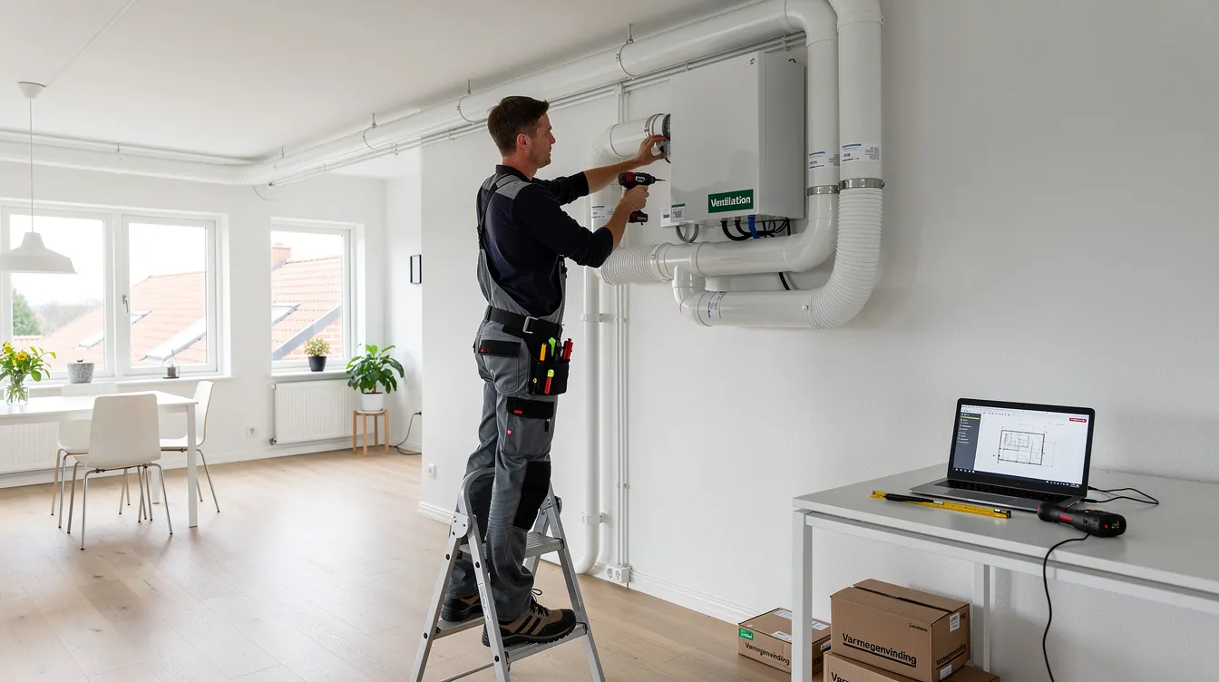 En tekniker udfører installation af et ventilationssystem med varmegenvinding i en dansk bolig, som er en del af en strategi for energioptimering. Dette skræddersyede løsning hjælper med at reducere energiforbruget og forbedre indeklimaet, hvilket bidrager til en mere bæredygtig fremtid.