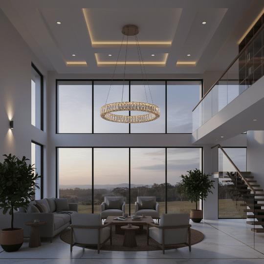 Round crystal ring chandelier suspended in a double-height living room with full-height windows.