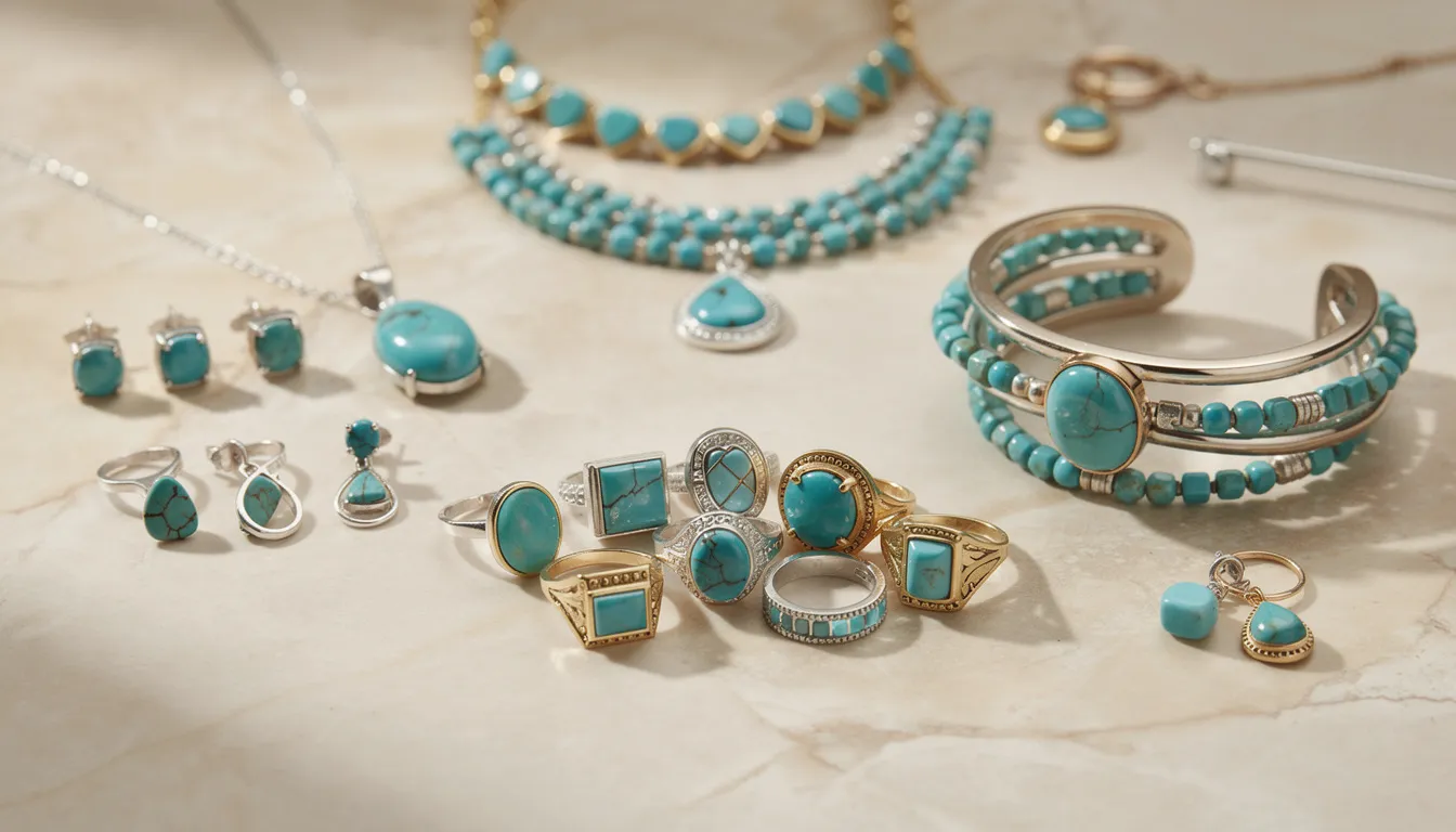 The image showcases a variety of turquoise jewellery, including rings, earrings, necklaces, and bracelets, each featuring different designs and settings, such as sterling silver and gold. This collection highlights the versatility of turquoise pieces, suitable for both casual and formal occasions, with options ranging from delicate to bold styles.