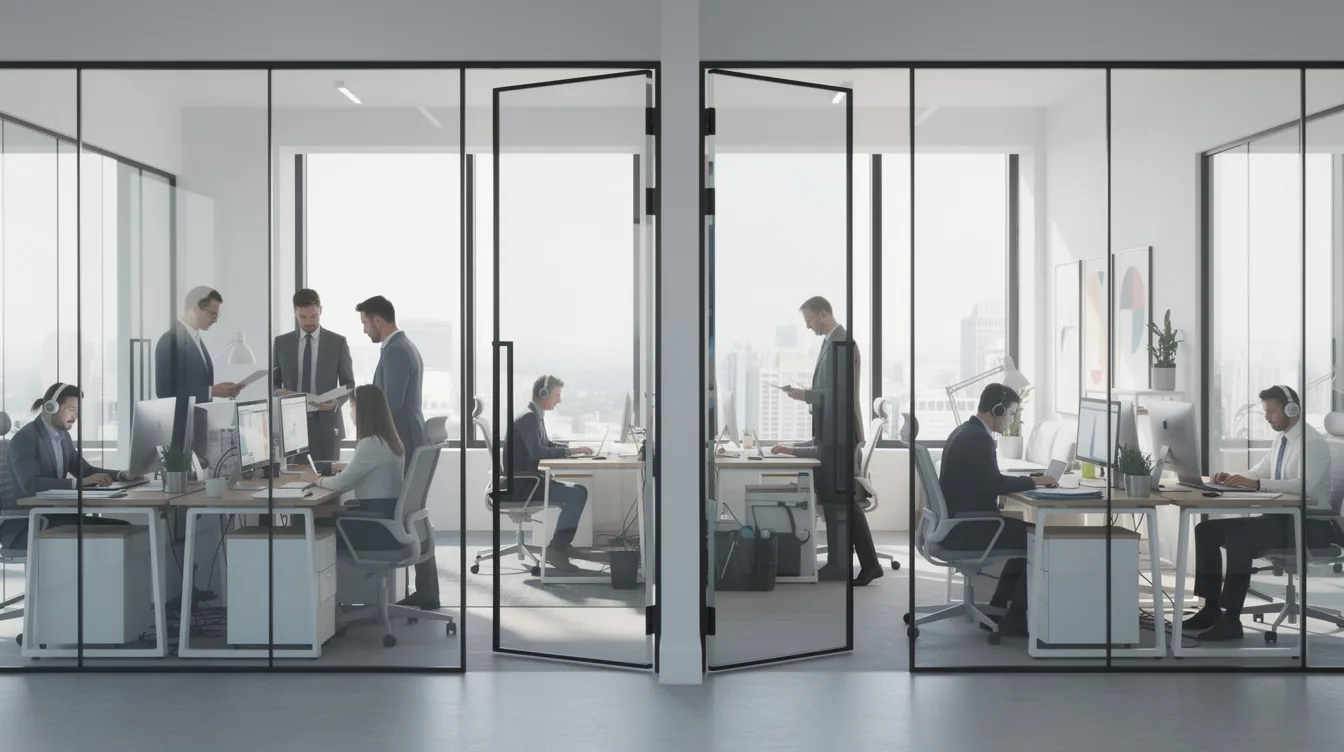 L'image montre des bureaux séparés par des cloisons vitrées, où des équipes travaillent chacune de leur côté sans interaction visible, illustrant un manque de cohésion d'équipe et de collaboration. Cette situation souligne le besoin d'un coaching d'équipe pour développer l'intelligence collective et améliorer la prise de décision au sein de l'entreprise.