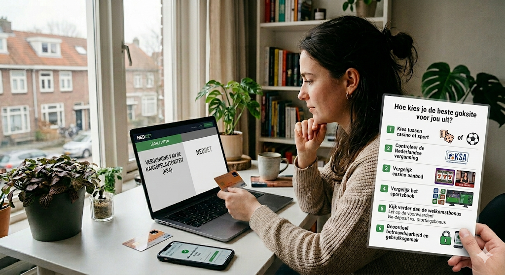 Speler die informatie bekijkt over hoe je de beste goksite kiest, inclusief controle van Kansspelautoriteit vergunning, casino aanbod en welkomstbonus bij online casino’s in Nederland.