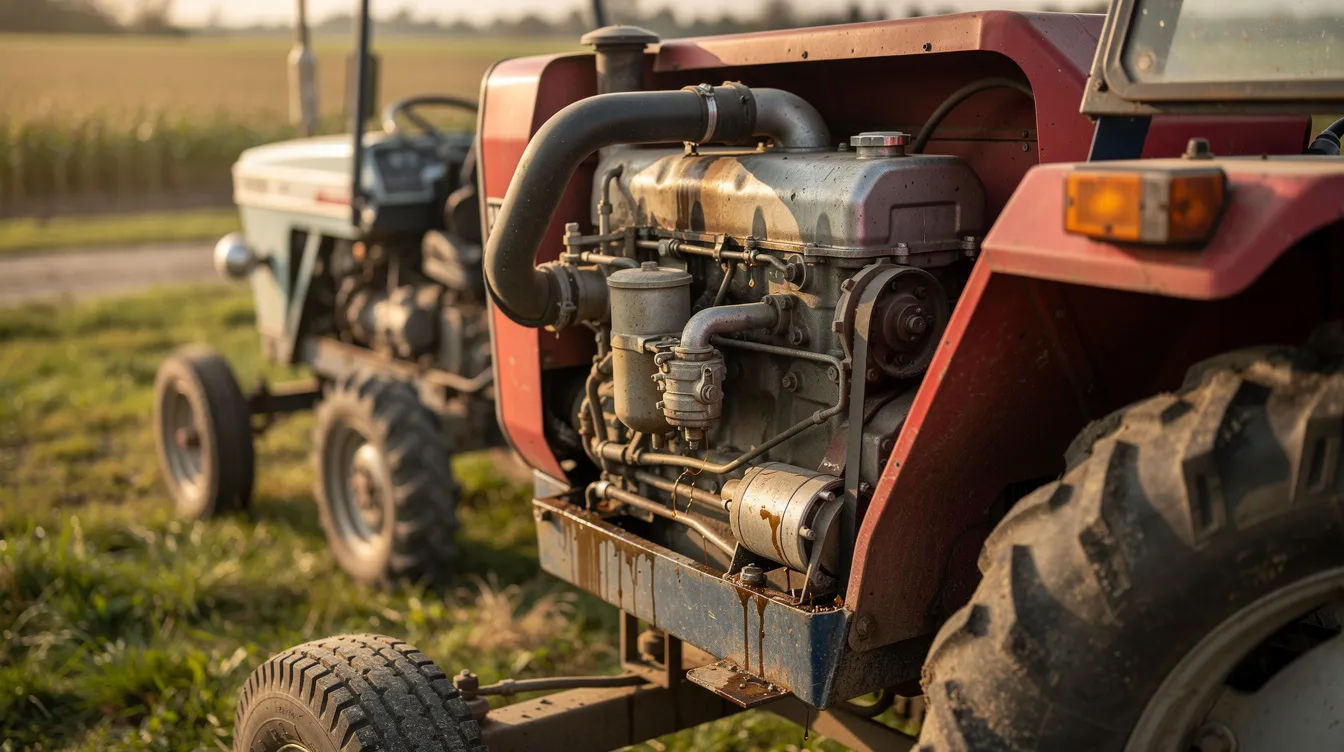 The image depicts a compact diesel engine, specifically a Kubota D950, installed in a small agricultural tractor parked in a lush green field. The machine is designed for efficient performance, showcasing its horsepower and torque capabilities suitable for various farming tasks.