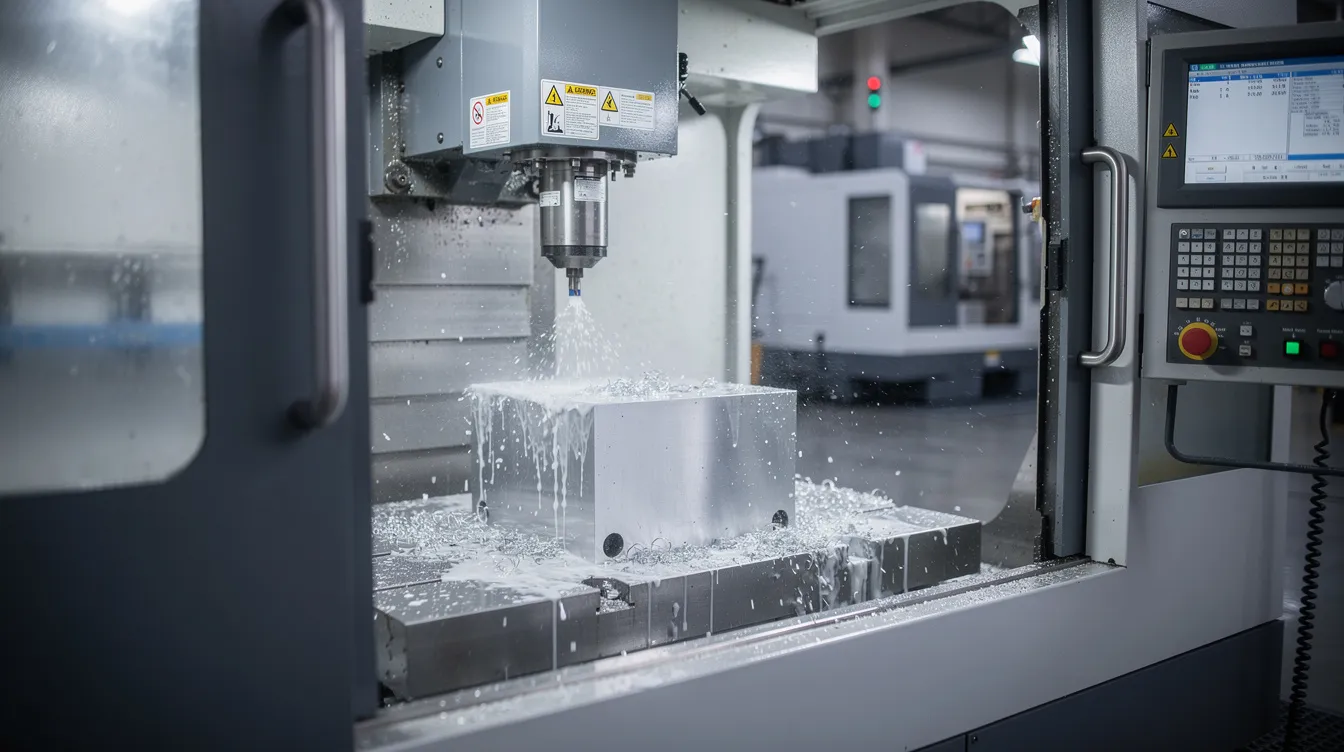 The image shows a precision CNC machine actively cutting an aluminum block within a modern factory setting, highlighting advanced technologies in CNC machining and rapid prototyping services. The environment reflects a focus on quality control and efficient production processes, essential for manufacturing high-quality parts in industries such as consumer electronics and medical devices.