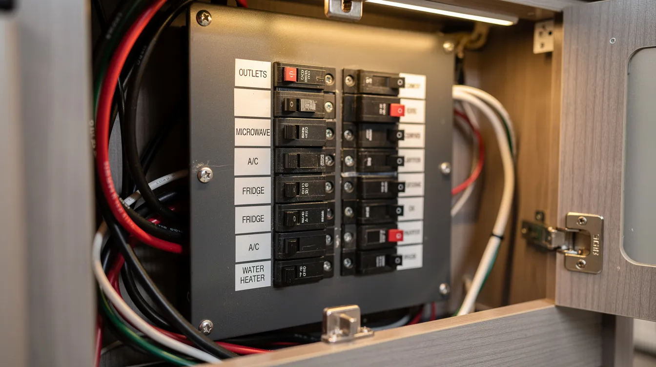 This close-up image shows an RV electrical distribution panel inside a motorhome cabinet, featuring labeled breakers that control various electrical components, such as the air conditioner and generator. The panel is designed to manage electricity flow, ensuring safety and preventing issues like breaker trips caused by overloads or malfunctioning units.