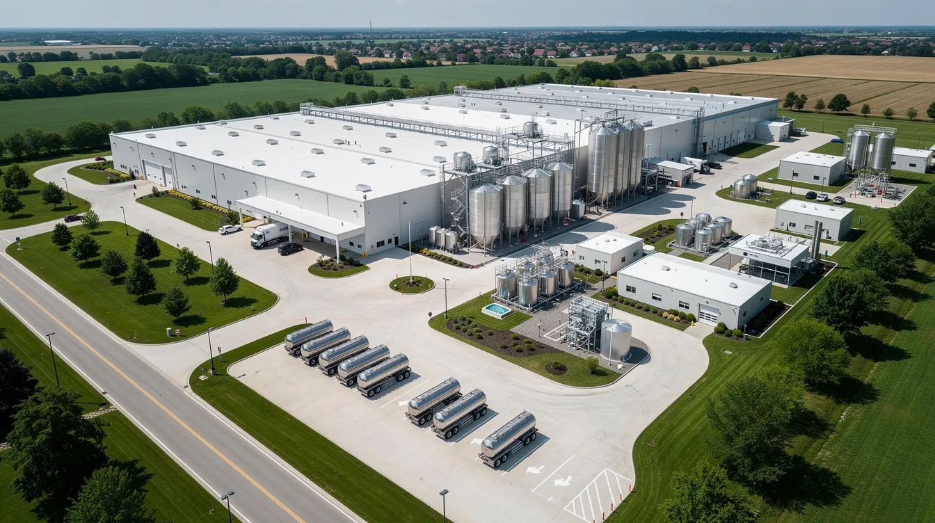 An aerial view of a modern dairy processing plant showcases the layout of the facility, including milk storage tanks, tanker parking areas, and utility buildings surrounded by green buffer zones. This efficient design highlights the critical aspects of the dairy industry, such as raw milk reception and processing operations essential for producing various dairy products.