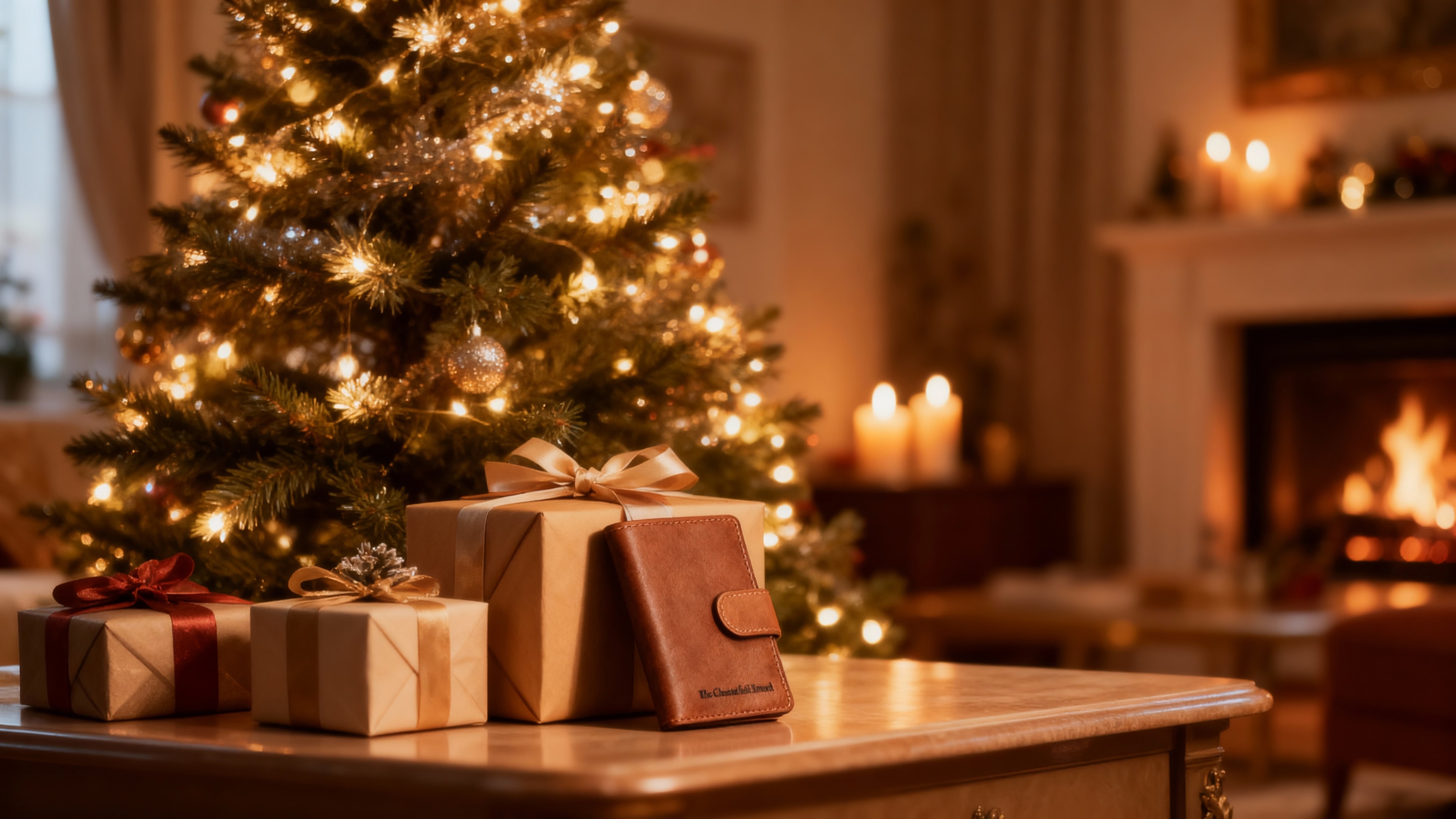 Mysig julbild på en läderplånbok som ligger kring julklappar framför brasan och julgranen.
