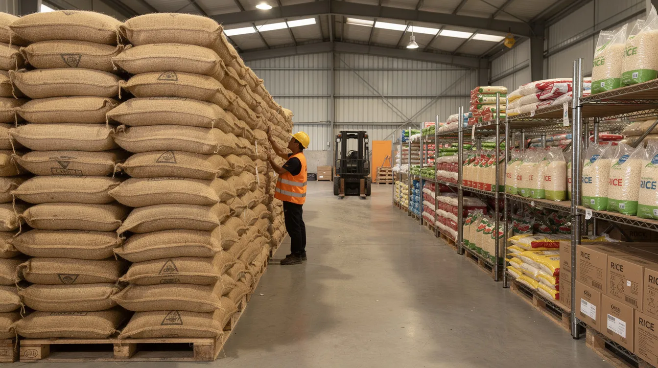 9d8f8470 f11c 4f24 8906 1f447cefe0c6 The image depicts a warehouse filled with large jute bags of paddy rice stacked alongside various processed rice products in retail packaging, showcasing the rice industryβs focus on value addition and food processing. This setting highlights the importance of quality assurance and the role of rice mills in producing key raw materials for processed foods.