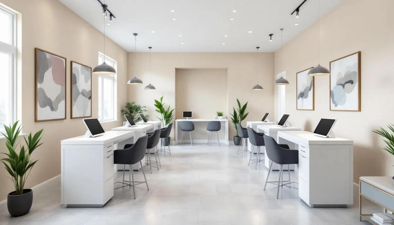 En la imagen se muestra el interior de un salón de uñas moderno, con múltiples estaciones de trabajo equipadas con tablets integradas, donde los clientes pueden consultar diseños y gestionar sus reservas a través de una aplicación. El ambiente es luminoso y elegante, ideal para la manicura y pedicura, reflejando la fusión de belleza y tecnología en el servicio.