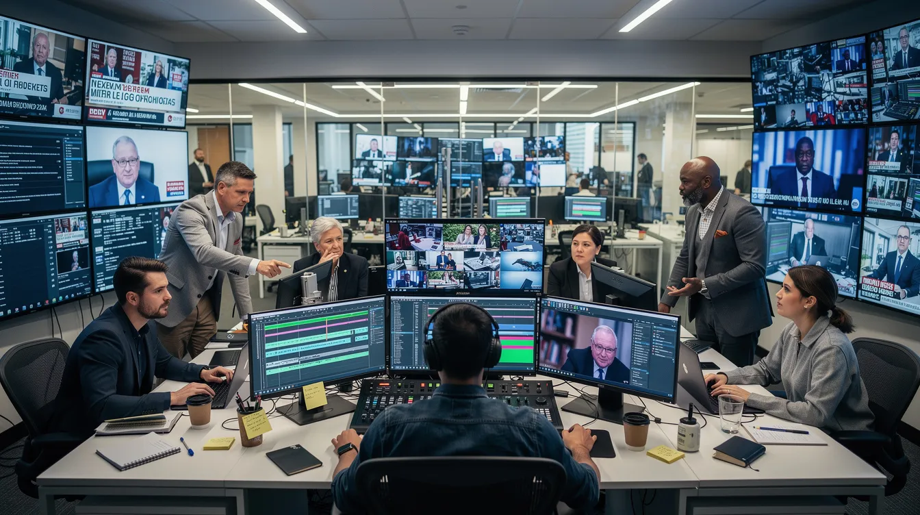 In a modern newsroom, a diverse group of employees attentively watches multiple monitors displaying video feeds and editing software, showcasing the latest news stories. The atmosphere reflects a blend of technology and collaboration as they work together to create impactful content, highlighting the evolving role of artificial intelligence in shaping the future of media.