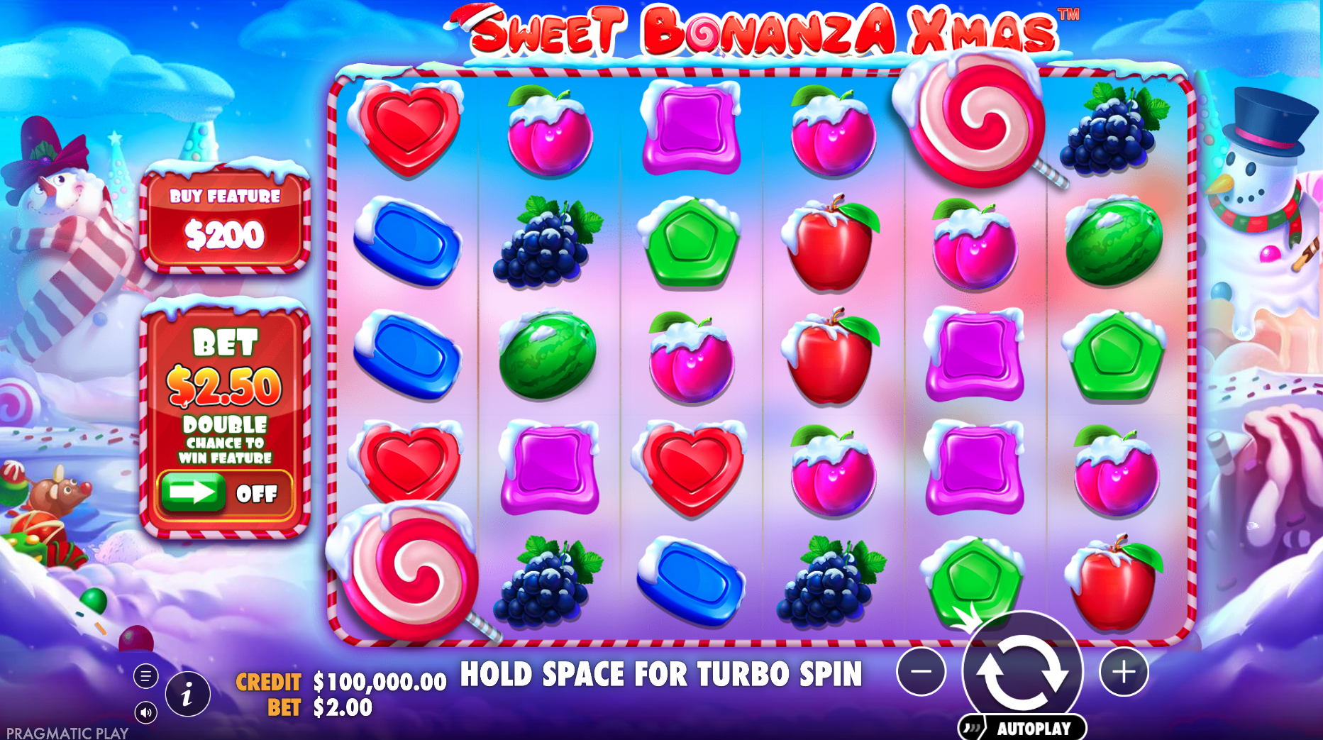 Sweet Bonanza Xmas met winterse achtergrond, sneeuw en de bekende snoep- en fruitsymbolen.