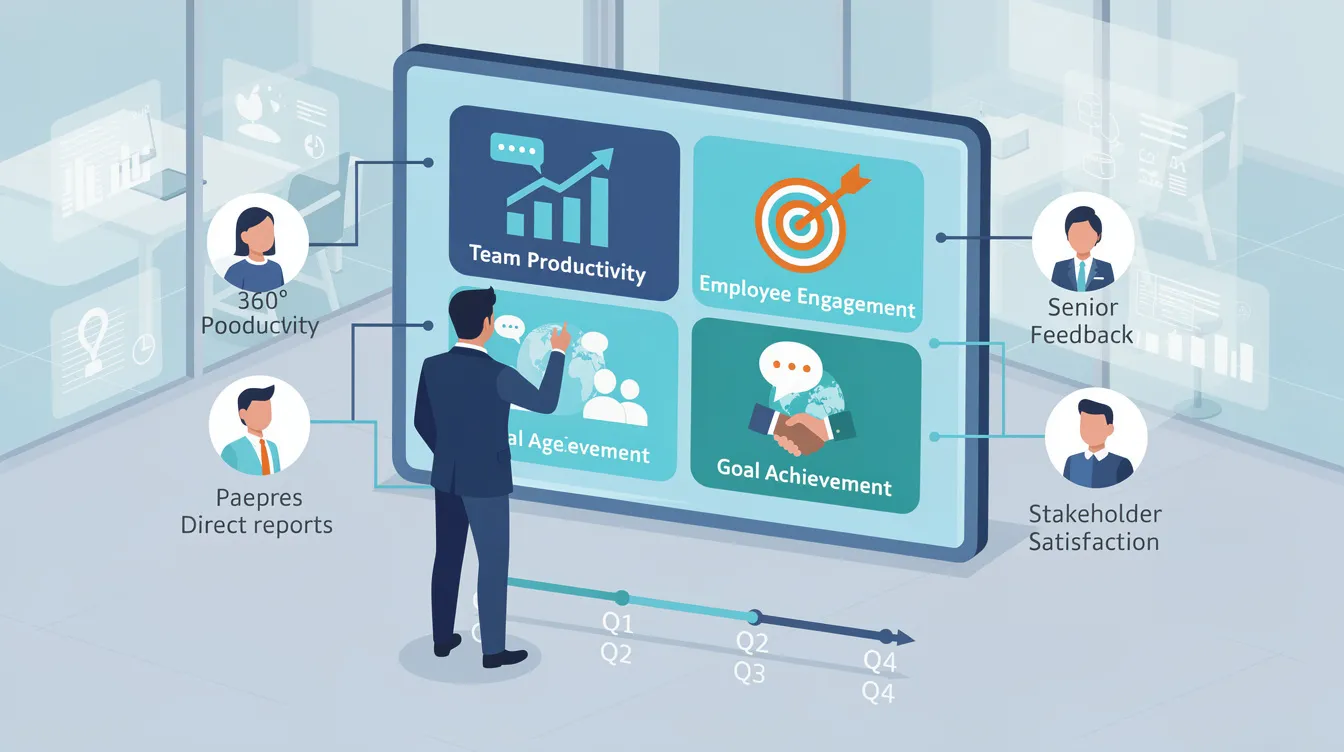 The image depicts a diverse group of leaders engaged in a strategic meeting, discussing key performance indicators (KPIs) such as team productivity and employee engagement. They are collaborating to develop a clear vision and effective leadership strategies, emphasizing the importance of communication skills and emotional intelligence in achieving organizational goals.