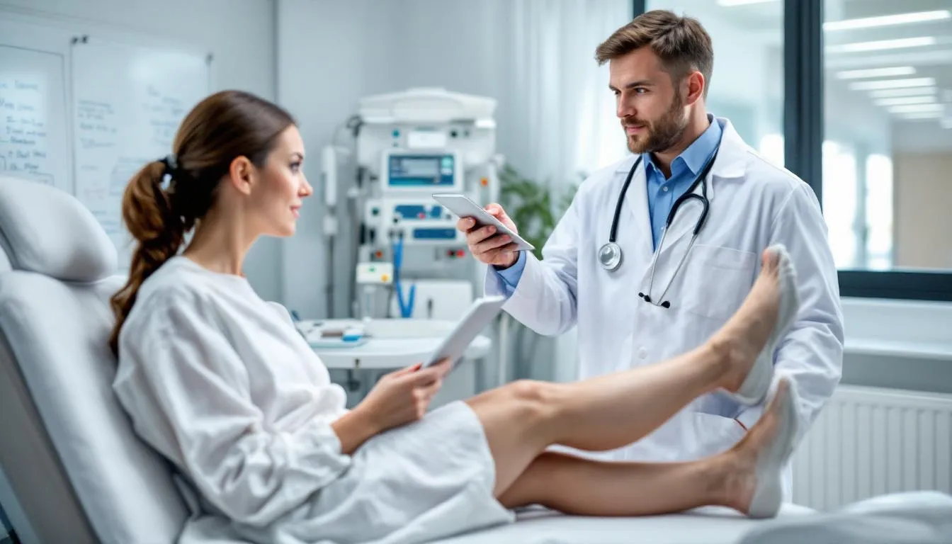A researcher is seen in a clinical study setting, examining the mobility of a patient's knee while utilizing a red light therapy device aimed at providing knee pain relief. This study focuses on the benefits of red light therapy for joint pain and inflammation reduction, particularly in cases of chronic knee pain and arthritis.