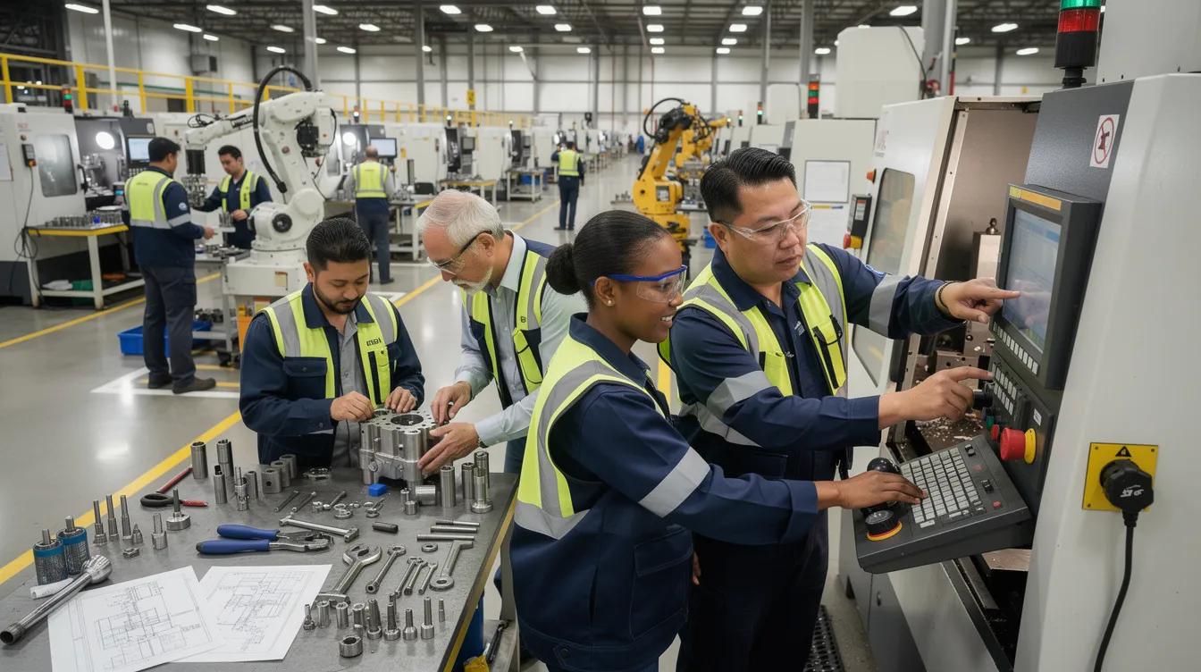 A group of apprentices working alongside their mentors in a manufacturing facility.
