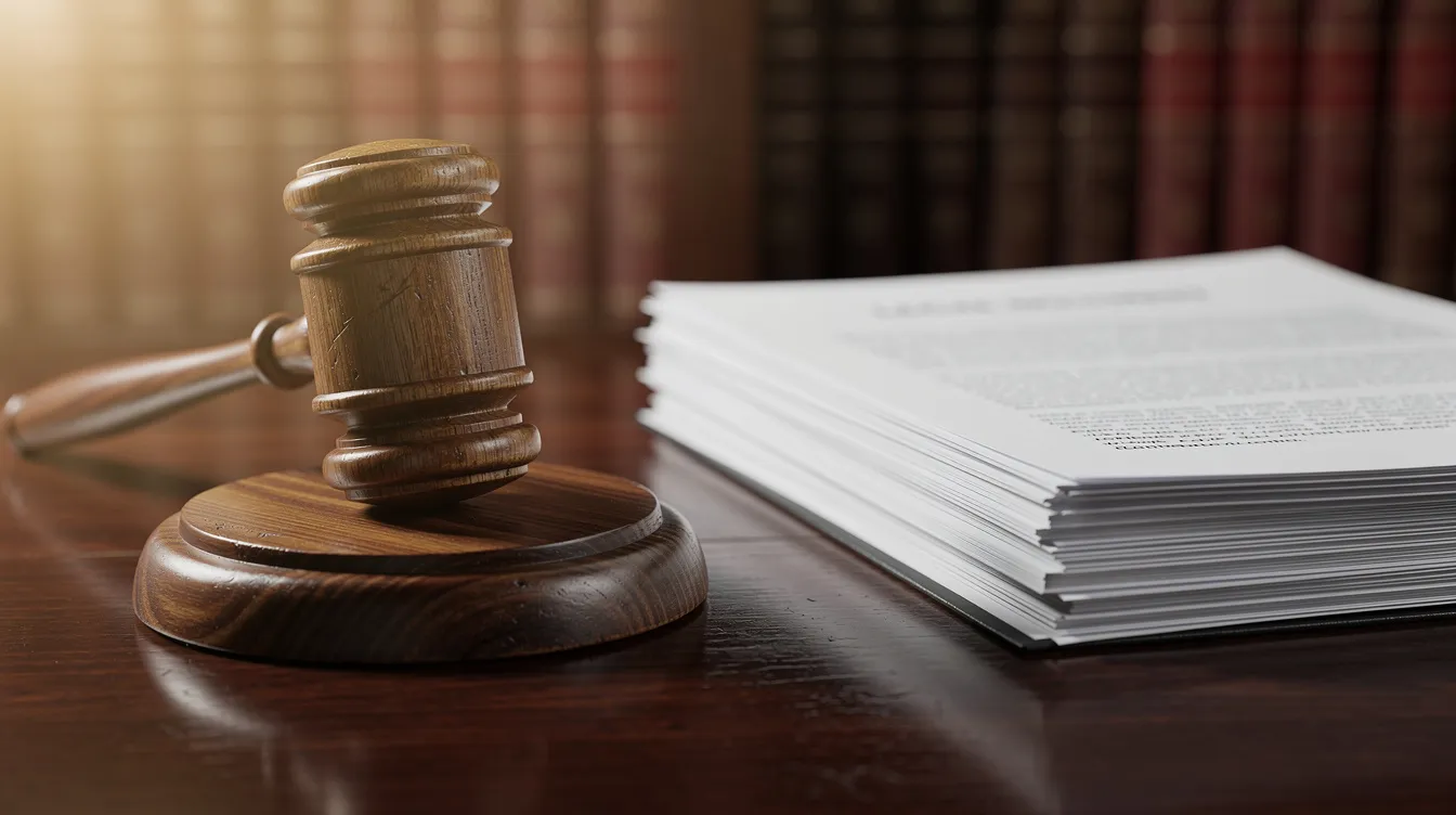 9d99b3e5 b821 4cea be73 2355c4648ab1 The image shows a judge's gavel resting on a wooden desk alongside a stack of legal documents, symbolizing the authority of the law and the importance of regulations related to financial institutions in India, such as those from the Reserve Bank of India concerning loans for micro and small enterprises.