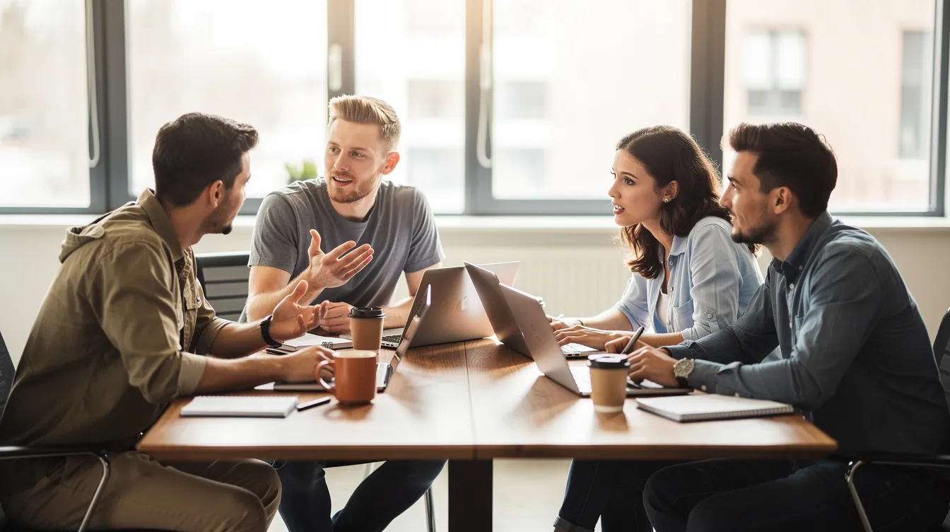 A small group of diverse individuals is gathered around a table, engaged in a lively discussion about business ideas while using laptops. They are exploring how to leverage AI tools for market research and data analysis to potentially make money with AI and improve their business processes.