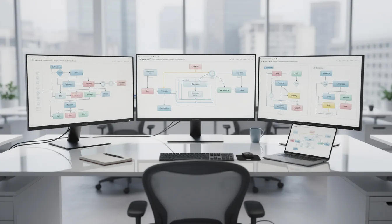 A modern real estate office with multiple screens showing workflow automation dashboards, illustrating how AI-powered tools like n8n, Make, and Zapier help agents automate repetitive tasks and improve client relationships.