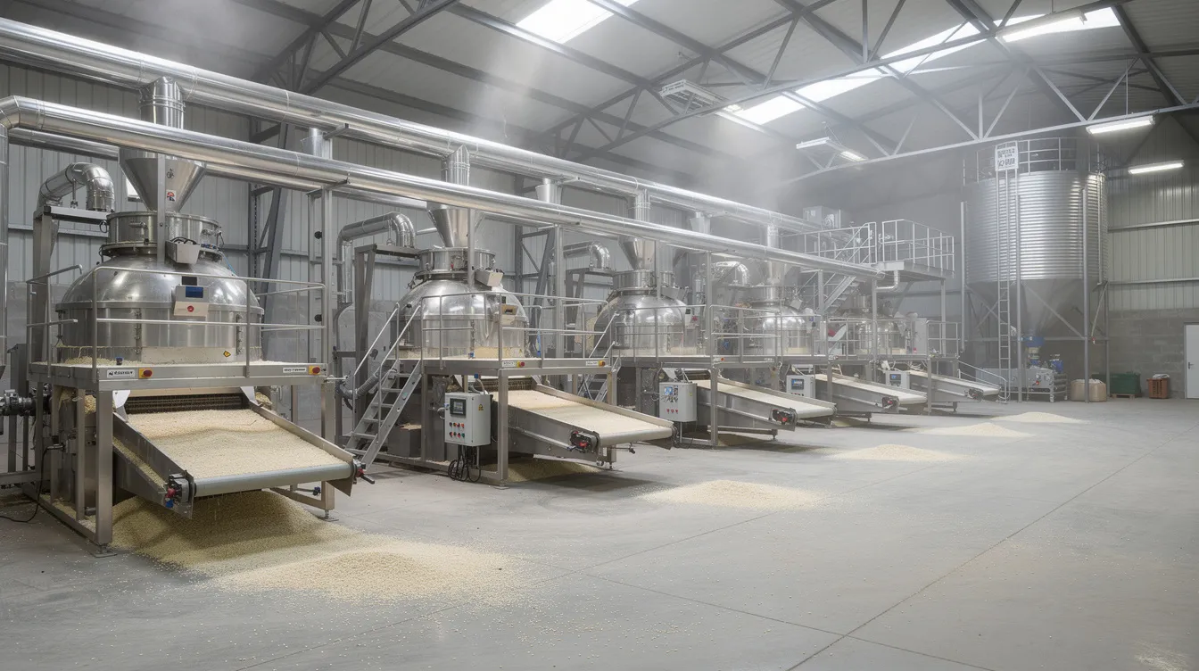 The image depicts industrial rice milling and processing machinery operating inside a spacious factory building, showcasing advanced technology used in the rice industry. The machinery is busy transforming raw paddy into milled rice, highlighting the efficiency and scale of operations essential for meeting market demand.
