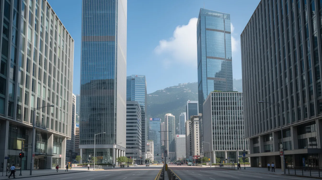 The image depicts the Hong Kong government district featuring sleek modern office buildings set against a clear blue sky, symbolizing the vibrant environment where 公務員 的 roles are carried out in the 香港 特別 行政區.